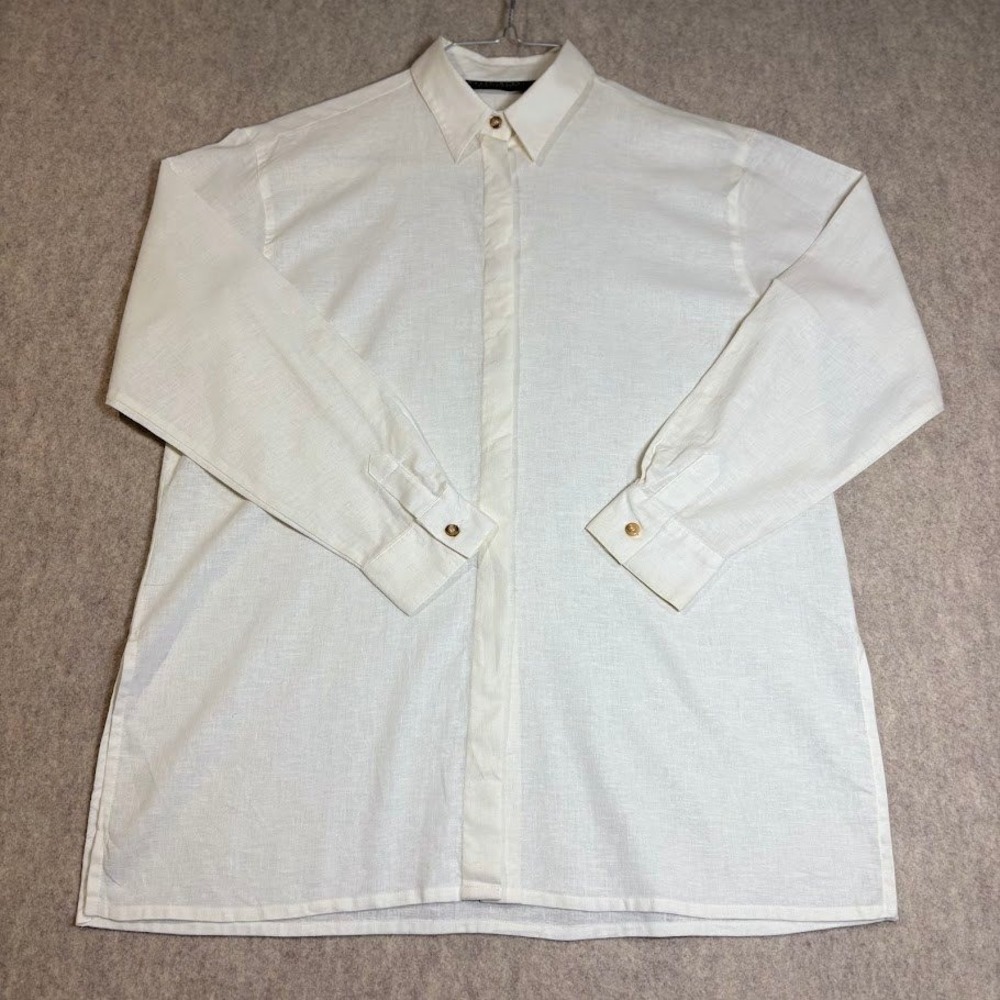 Harve Benard Shirt Women XL White Linen Cotton Classic Coastal Roll Tab Blouse